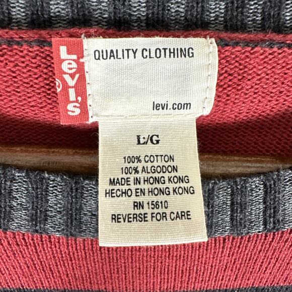 Vtg Levis Sweater Mens L Red Gray Striped Lightweight Cotton Y2K Mallcore Grunge - Picture 4 of 9